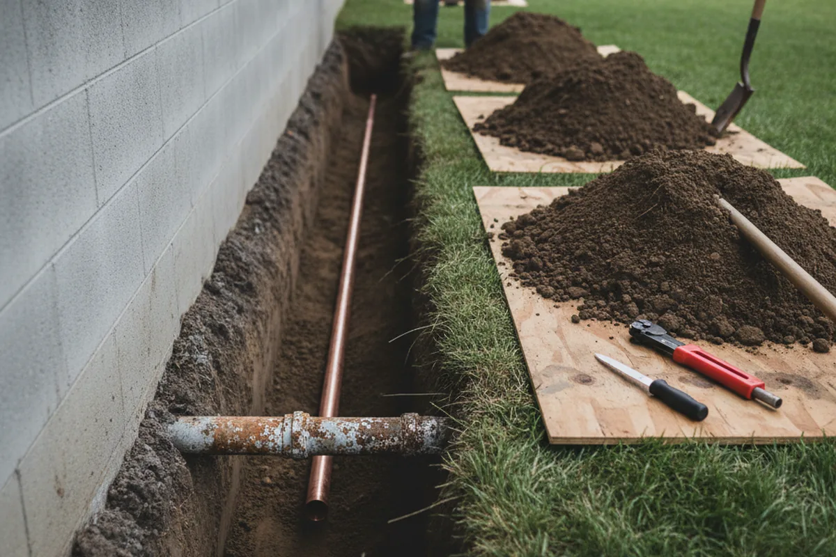 Excavated water line trench during Sewer Line Repair in Wallkill